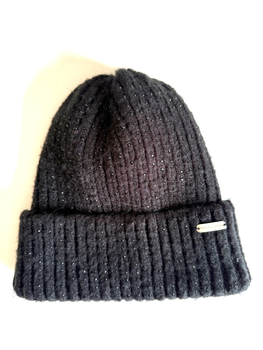 Steve Madden Black Crystal Embellished Ribbed Knit Cuffed Winter Beanie Hat OS